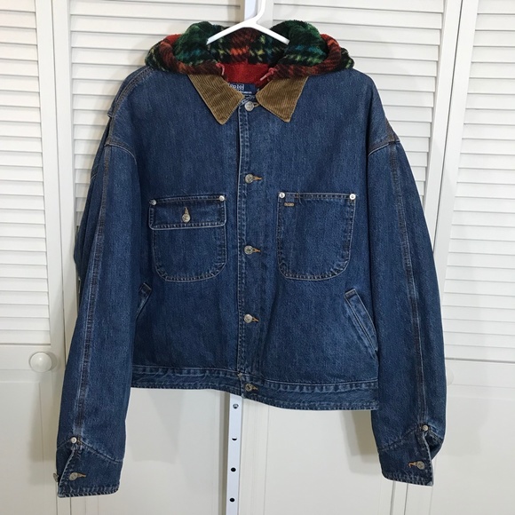Vintage Polo Ralph Lauren Plaid Fleeced Hoodie Denim Trucker Jacket XL - Picture 1 of 14